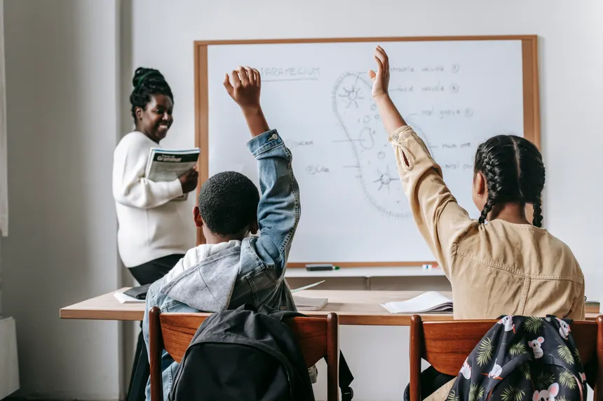 Back view of diligent classmates raising hands while looking at smiling African American female teacher in classroom